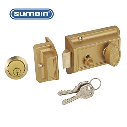 SUMBIN Night Latch Deadbolt Rim Lock,Antique Locks with Keys for Front Door,Gold Finish