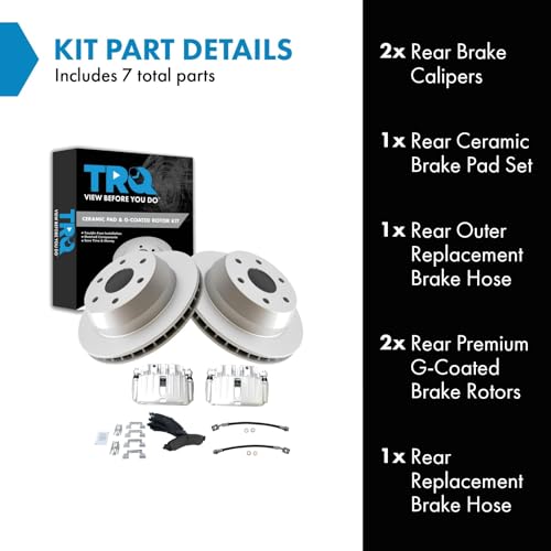 Image of TRQ Rear Brake Pad and Rotor Set Ceramic G Coated Rotors Calipers Compatible with 2002-2006 Cadillac Escalade ESV EXT 2000-2006 Chevrolet Avalanche 1500 Suburban 1500 Tahoe GMC Yukon Yukon XL 1500