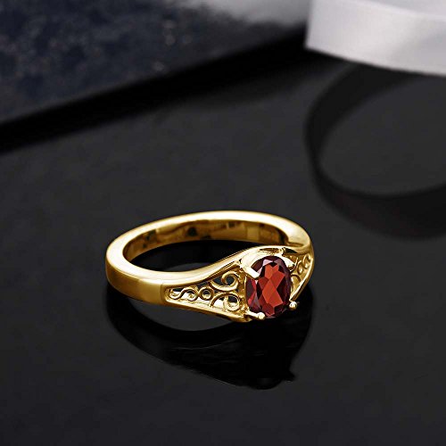 Gem Stone King 0.90 Cttw Oval Red Garnet 18K Yellow Gold Plated Silver Ring for Women | Gemstone Birthstone | Oval 7X5MM | Available In Size 5, 6, 7, 8, 94