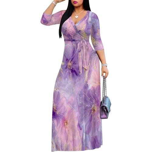 Image of SUZONANA Plus Size Dresses for Women Floral Print Maxi Dress Flowy 3 /4 Sleeve with Belt