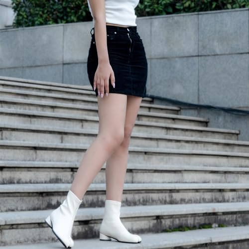 Image of Split Toe Ankle Boots for Women Tabi Japanese Ninja Shoes Low Chunky Heels Booties, Stretch Artificial Leather Boots Back Zipper