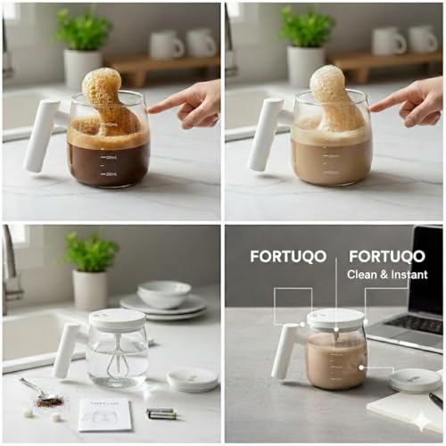 Image of Automatic Self-Stirring Glass Mug with Handle USB Rechargeable Electric Mixing Cup One-Touch Smart Coffee, Milk, Protein Shake Mixer (Wood Finish)