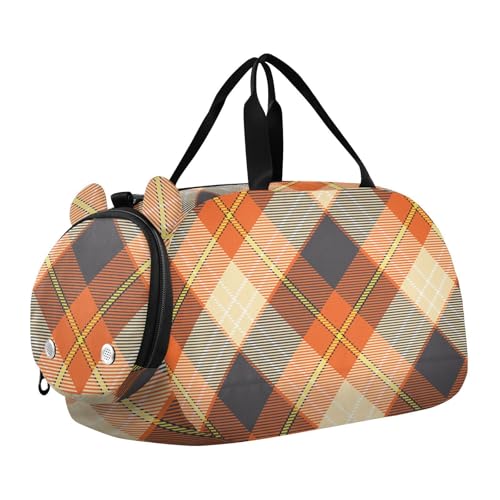 Orange Square Plaid Kids Travel Duffel Bag for Boys Girls Overnight Weekend Tote Bag with Shoes Compartment for Dance Gym Sports