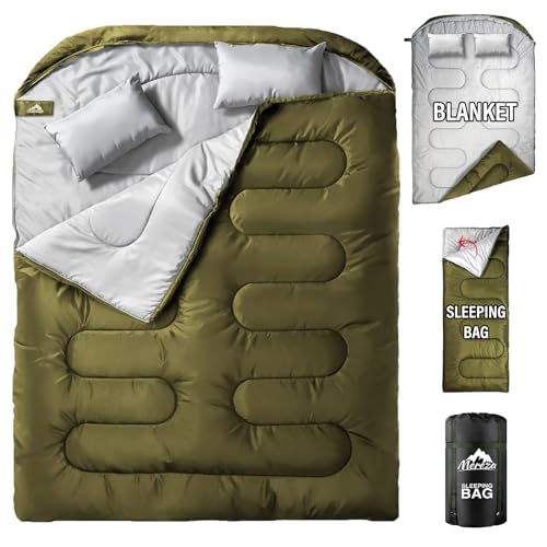 MEREZA Saco de dormir doble para adultos y hombres con almohada, tamaño XL Queen para dos personas, para todas las estaciones, camping, senderismo, mochileros, sacos de dormir para 2 personas, para