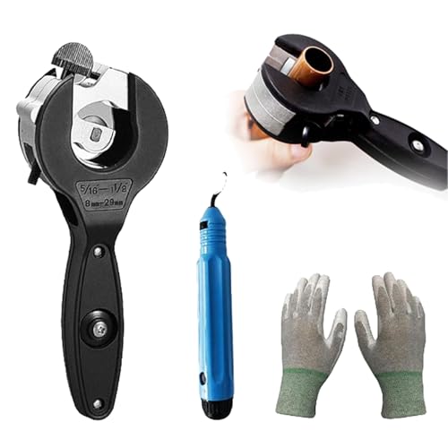 Ratchet Tubing Cutter Tube Cutter 5/16-1-1/8 Compact 2-in-1 Pipe Cutter for Narrow Spaces PVC/Cu/Copper Pipe Cutter Comes with Gloves and Deburring Knife