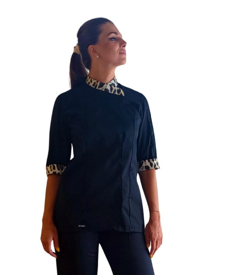 Betty - Chaqueta de cocinero para mujer, personalizada, chef de cocina, color negro y leopardo, para restaurante, pizzería, hotel, pastelería, uniforme de trabajo personalizable