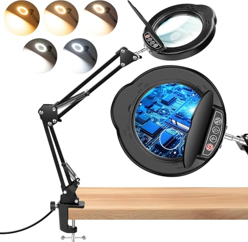 Upgraded 15X 10X Magnifying Glass with Light and Dust Cover Clamp on Lighted Magnifier 84 LED 5 Color Dimmable Hands-Free Magnifying Glass Desk Lamp for Reading Craft Hobby Close Work