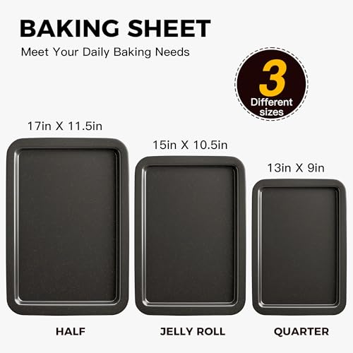 HONGBAKE Ceramic Baking Sheet Pan Set, Cookie Sheet for Oven, Bakeware Sets with Wider Grips, 3 Pack Half/Jelly Roll/Quarter Baking Tray, Premium, Dishwasher Safe - Dark Grey - Image 4