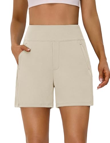 BMJL Womens Workout Shorts Gym Bermuda Golf Athletic Work High Waisted Casual Hiking Running Shorts with Pocket(L,Khaki)