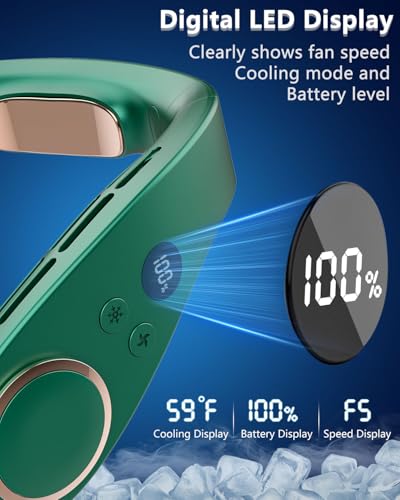 Image of FWV Personal Neck Fan with Cooling Plate, Noiseless 5-Speed Airflow, 5500mAh 3-24H Battery, LED Display Wearable Head Fans, Bladeless Portable Neck Air Conditioner for Worker Traveler Runner Green