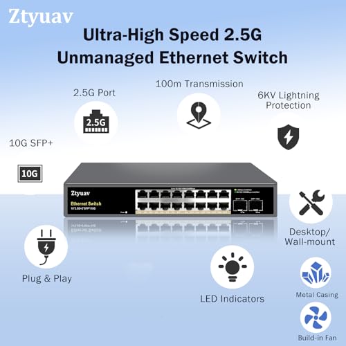 Image of 16 Port Unmanaged 2.5G Ethernet Switch with 16 x 2.5G RJ-45 Ports, 2 x 10G SFP+ Ports, Ports Speed Auto-Negotiation-100 /1000 /2500Mbps, One-Key VLAN, Fanless Metal Design, Plug & Play