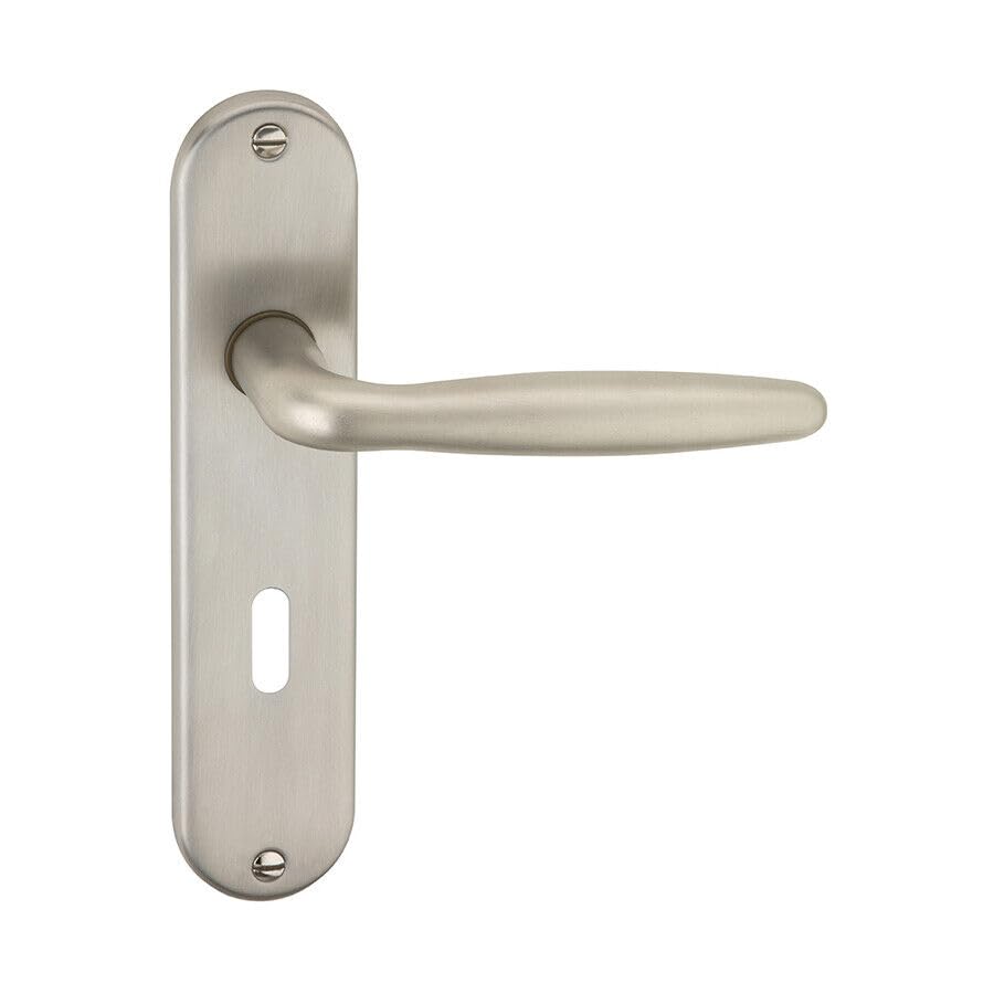 URBNLIVING Rouen Metal Lever Latch Door Handles Set Round Rose Design for Internal and External Doors, Durable and Stylish, Perfect for Home or Office Interiors (Satin Nickel Keyhole)