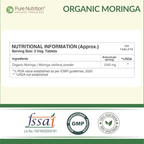 Image of Pure Nutrition Organic Moringa Tablets with 1200mg Leaves Extract | Moringa Tablets for Healthy Digestion, Immunity, Energy Levels & Detox - 180 Veg Tablets