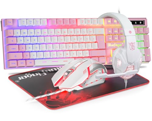 Image of BlueFinger RGB Gaming Keyboard and Backlit Mouse and Headset Combo, USB Wired Backlit Keyboard, LED Gaming Mouse Set, Headset with Microphone for Laptop PC Computer Game and Work (Pink & White)