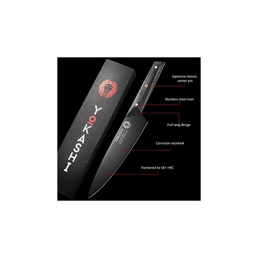 YOKASHI-Chef-Knife-8-inch-Professional-Kitchen-Knife-Black-Titanium-Nitride-Coated-Razor-Sharp-High-Carbon-7CR17MOV-G10-Handle-with-Sheath YOKASHI Chef Knife 8 inch - Black Titanium Nitride Coated Japenese Knife - Razor Sharp 7CR17MOV Carbon Steel - Full Tang Chef's Knife - G10 Alloy Steel Handle - Multi Purpose Kitchen Kinfe - Gift Box