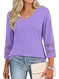 Cuptacc Tunique Femme Manches 3/4 Col V Tee Shirt Femme Coton Tendance Amples Base Haut Tunique Violet, XXL 50-54