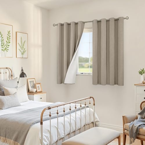 Image of YoungsTex Short Linen 100% Blackout Curtains for Bedroom, Thermal Insulated Full Room Darkening Window Drapes Taupe Textured Grommet Blinds with White Liner for Kitchen, 2 Panels, 52 X 45 Inch