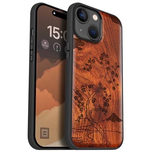 Idée cadeau coque bois iPhone 15 compatible Magsafe gravure Mont Fuji rosé
