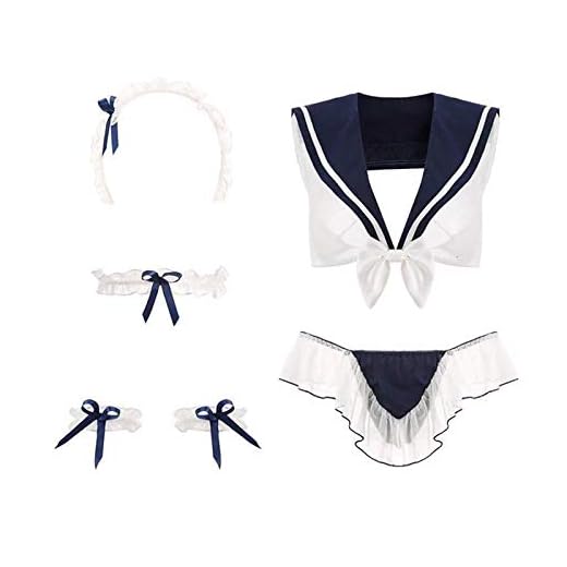 Zznvs Anime jk uniform sexig underkläder erotisk se genom cosplay kostymer kawaii spets topp trosor för kvinnor sjöman skolan flicka outfit Sexig frestelse (Color : Blue, Size : One Size)