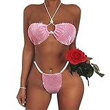 YAUASOPA One Size Fits Bikini Women Bling Rhinestone Crystal Diamond Club Swimsuit Halter Push Up Beachwear (Pink)