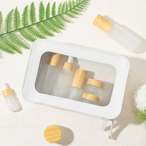 GQIRIL Glass Travel Bottles for Toiletries - 19pcs Skincare Travel Containers with PU Leather Toiletry Bag, Pump Spray Bottle Cream Jar Leak Proof Mini Makeup Containers for Serum Moisturizer Toner