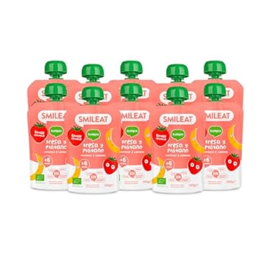 Smileat - Pack de 10 Pouch de Frutas Ecológicas - Sin Sal ni Azúcar Añadido  Sin Gluten - Snack Práctico para Peques - Sabor a Fresa y Plátano