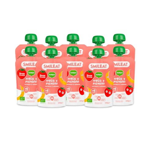 Smileat - Pack de 10 Pouch de Frutas Ecológicas - Sin Sal ni Azúcar Añadido, Sin Gluten - Snack Práctico para Peques - Sabor a Fresa y Plátano