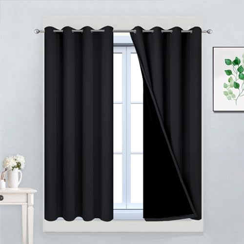 Image of Yakamok Black 100% Blackout Curtains 45 Inches Long for Bedroom 52 inch Wide | Blackout Curtain Panels for Bedroom, 2 Thick Layers Grommet Top Thermal Insulated Drapes with Black Liner for Living Room