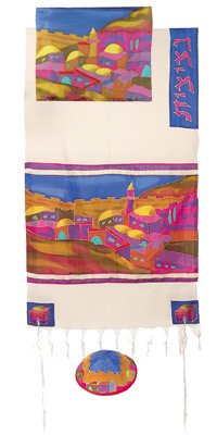 Yair Emanuel Tallit Talit Set with Kippa and Bag - Jerusalem Vista Colorful View Hand Painted in Color Woven Cotton and Silk (TWS-10)