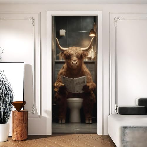 Image of Highland Cow Door Sticker, Funny Bathroom Door Cover, 30.3x78.7in