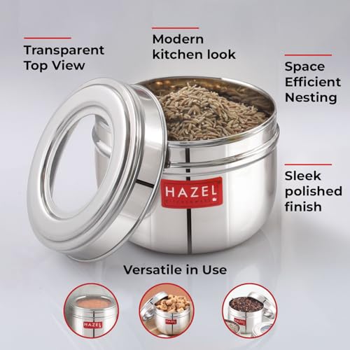 Image of HAZEL Steel Storage Containers with Clear View Lid 450ml, Pack of 2 | Food Organizer Dabba for Kitchen, Snacks & Leftovers