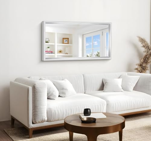 Image of 24 x 42 inch Brushed Silver Bathroom Mirror, Metal Framed Rectangle Mirror, 0.6 inch Thickened Deep Frame Mirrors for Living Room Bedroom Entryway, Tempered Glass, Antirust, Horizontal or Vertical