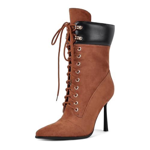 Richealnana Women's Pointed Toe Stiletto High Heel Lace Up Strappy Mid Calf Boots Sexy Slim Heel Fashion Biker Cosplay Boot Brown US 8