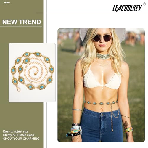 Image of LEACOOLKEY Women Turquoise Concho Chain Waist Belt Silver Western Cowgirl Metal Chain Belt for Dress Adjustable