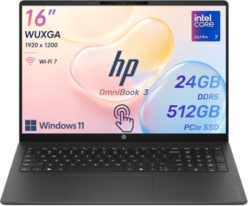 Image of HP OmniBook 3 16 inch Next-Gen AI Business Touchscreen Laptop, Intel Core Ultra 7 255U (12-Core), 24GB DDR5 RAM, 512GB SSD, WUXGA IPS Display, Numeric Keypad, Wi-Fi 7, Windows 11