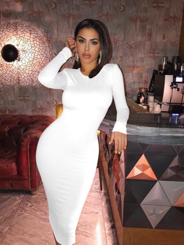 Image of XXTAXN Women's Sexy Bodycon Long Sleeve Round Neck Work Office Maxi Pencil Dress White, Small