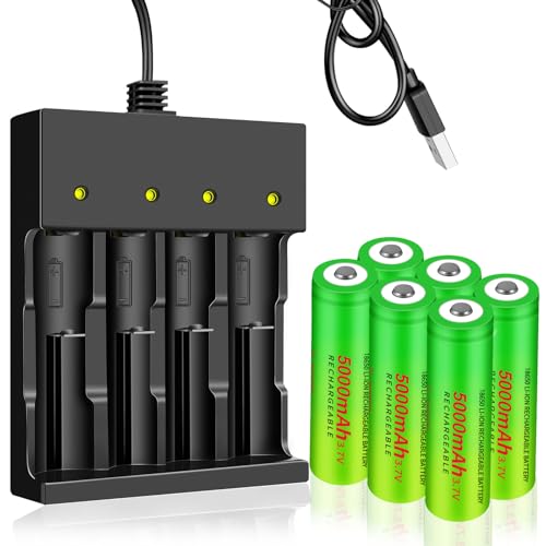 6pcs 18650 Rechargeable Battery Button top 3.7 Volt Battery Charger Set for Electric Lantern,Camping Light,Flashlights