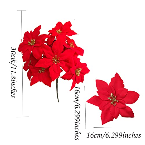 Wistart 8 Pack Christmas Artificial Poinsettia Flowers Velvet Plastic Floral Bouquet Small 7 Head Silk Red Shrub Fake Flowers Arrangement For Winter Indoor Outdoor Home Porch Xmas Holiday Decor #TOP5