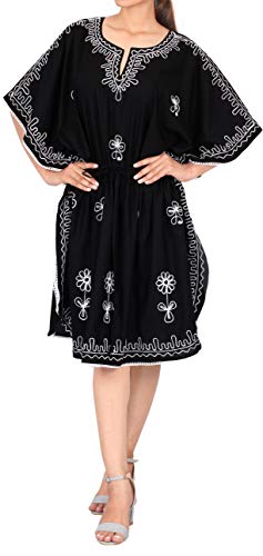 La Leela Women's Loungewear Solid Casual Relaxed Caftan Knee Length Cover Up Dresses For Women Plus Size One Size Black, Embroidery #TOP3