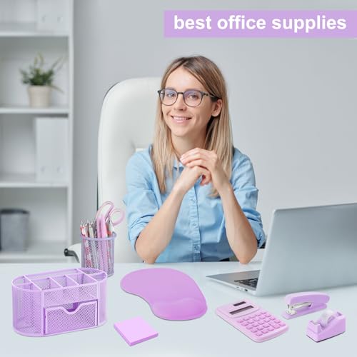 VAIPI 17 Pcs Purple Office Supplies Set Desk Organizers and Accessories with Mouse Pad, Calculator, Stapler, Staples, Scissors, Pens, Sticky Notes, Page Markers for Office School Home