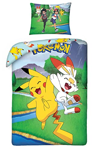 Parure de Lit Pokemon Pikachu et Flambino, 100% Coton, Housse de Couette 140x200 cm + Taie d'oreiller