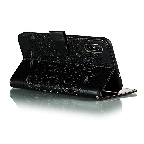Lemaxelers For Xiaomi Redmi 9A Case Flip Premium Wallet Phone Case Pu Leather Mandala Embossed Shockproof Cover With Kickstand Card Holder Cover For Xiaomi Redmi 9A Mandala Black Ld #TOP4