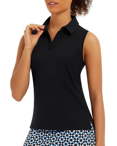 Stelle Women's Sleeveless Golf Polo Shirts UPF 50+ Collared V Neck Dry Fit Lightweight Workout Tennis Tank Tops (Black, L)