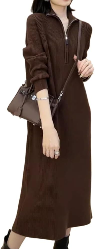 LIXINGHEITANG Autumn and Winter mid-Length Sweater Skirt for Women Thickened Warm Knitted Dress Tea Color