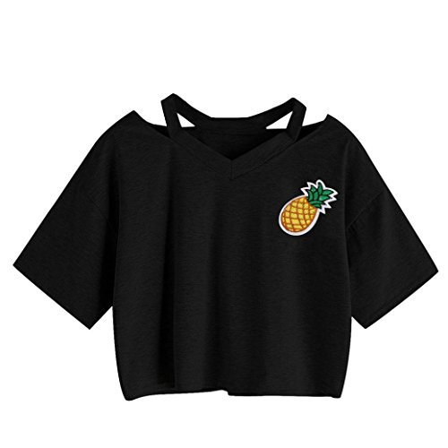 Leyorie Pineapple Print Tee Summer Women Casual Tank Short Sleeve Blouse Teen Girls Crop Tops T-Shirt (Black, M)