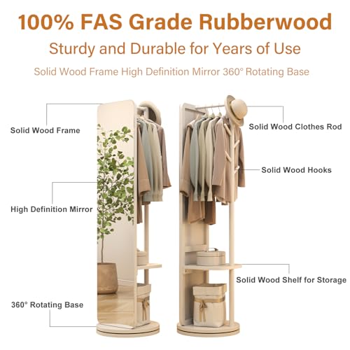 Image of AnywaysWood 70 inchx19 inchFull Length Mirror with Stand,Coat Rack with Mirror,Solid Wood Floor Mirror,Swivel Mirrorfor Bedroom, Living Room, Cloakroom