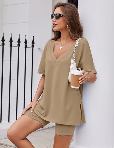 Image of Ekouaer Womens Pajamas 2 Piece Lounge Sets Oversized V Neck T-Shirts Tops Biker Shorts Set Workout Reversible Tracksuit S-XXL