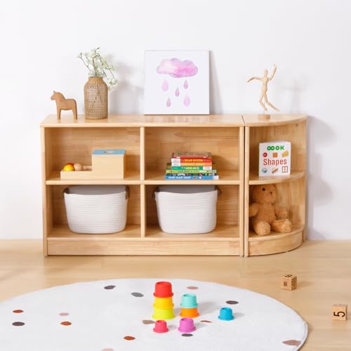 Image of OOOK Rubber Wood 4-Compartment Wooden Storage Cabinet, 35.4 inch L, 2-Tier Toy Organizers and Storage, Montessori Shelf for Kids Room, Playroom, Nursery, Classroom, Kindergarten