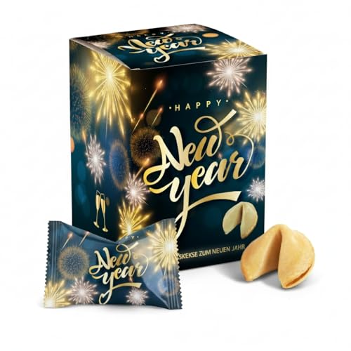 FOOD crew 12x Glückskekse Happy New Year - Neujahr Glückskeks mit Sprüchen Deutsch - Silvester Glückskekse einzeln Verpackt - Vegane Süßigkeiten