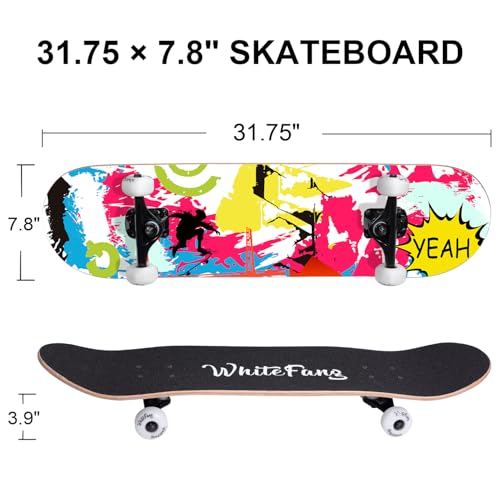 Image of WhiteFang Skateboards for Beginners, Complete Skateboard 31 x 7.88, 7 Layer Canadian Maple Double Kick Concave Standard and Tricks Skateboards for Kids and Beginners